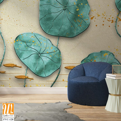 Watercolor painting of teal lotus leaves and goldfish Wallpaper [WP-FVC-128]