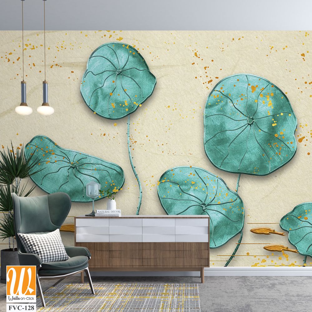 Watercolor painting of teal lotus leaves and goldfish Wallpaper [WP-FVC-128]