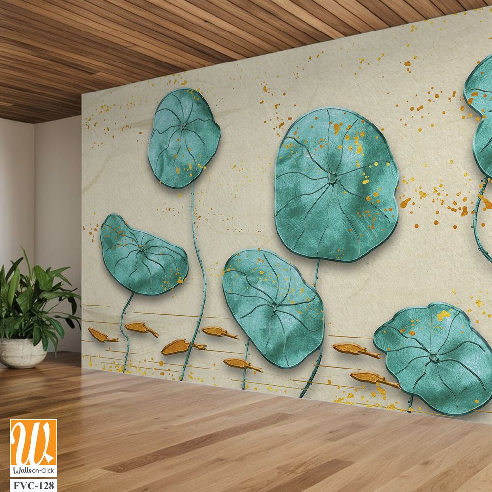 Watercolor painting of teal lotus leaves and goldfish Wallpaper [WP-FVC-128]