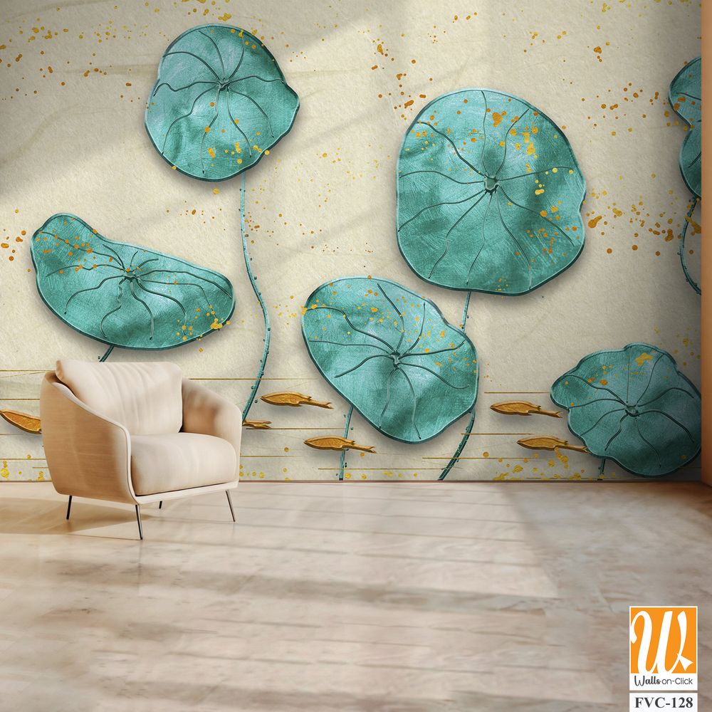 Watercolor painting of teal lotus leaves and goldfish Wallpaper [WP-FVC-128]