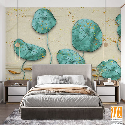 Watercolor painting of teal lotus leaves and goldfish Wallpaper [WP-FVC-128]