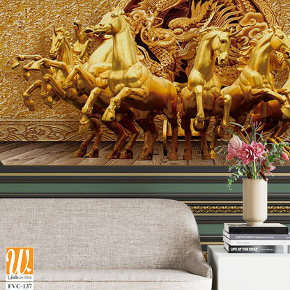 Golden decoration with 7 horses sculpture Wallpaper [WP-FVC-137]