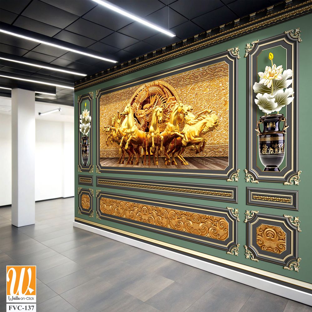 Golden decoration with 7 horses sculpture Wallpaper [WP-FVC-137]