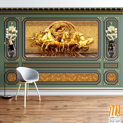 Golden decoration with 7 horses sculpture Wallpaper [WP-FVC-137]