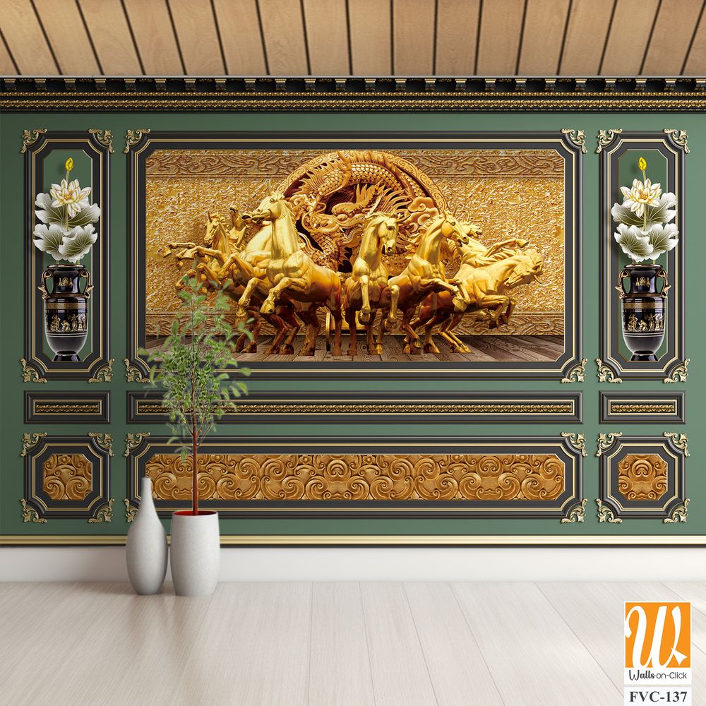 Golden decoration with 7 horses sculpture Wallpaper [WP-FVC-137]