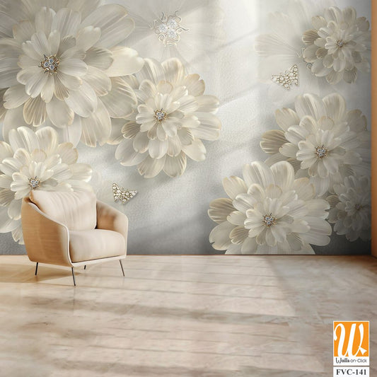 3D floral beige daisies with diamonds Wallpaper [WP-FVC-141]