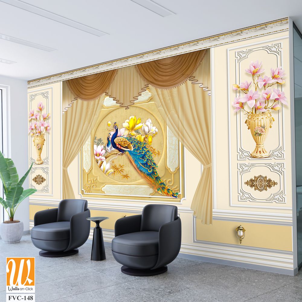 Luxurious golden peacock and floral wall mural Wallpaper [WP-FVC-148]