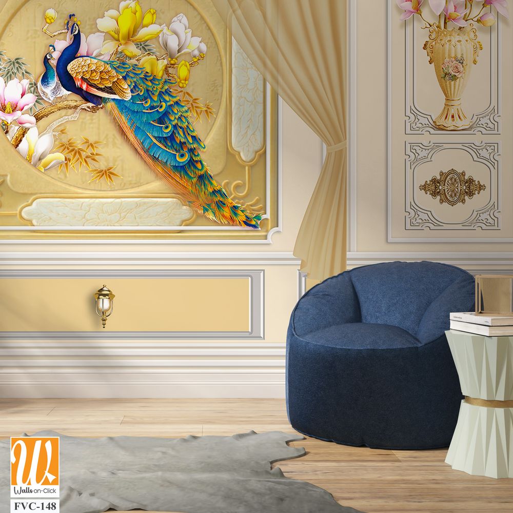 Luxurious golden peacock and floral wall mural Wallpaper [WP-FVC-148]