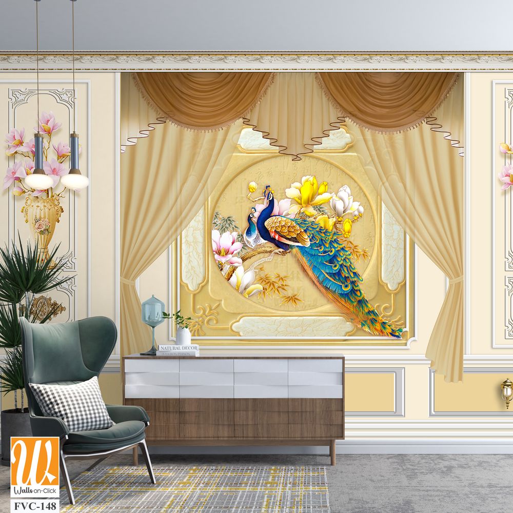 Luxurious golden peacock and floral wall mural Wallpaper [WP-FVC-148]