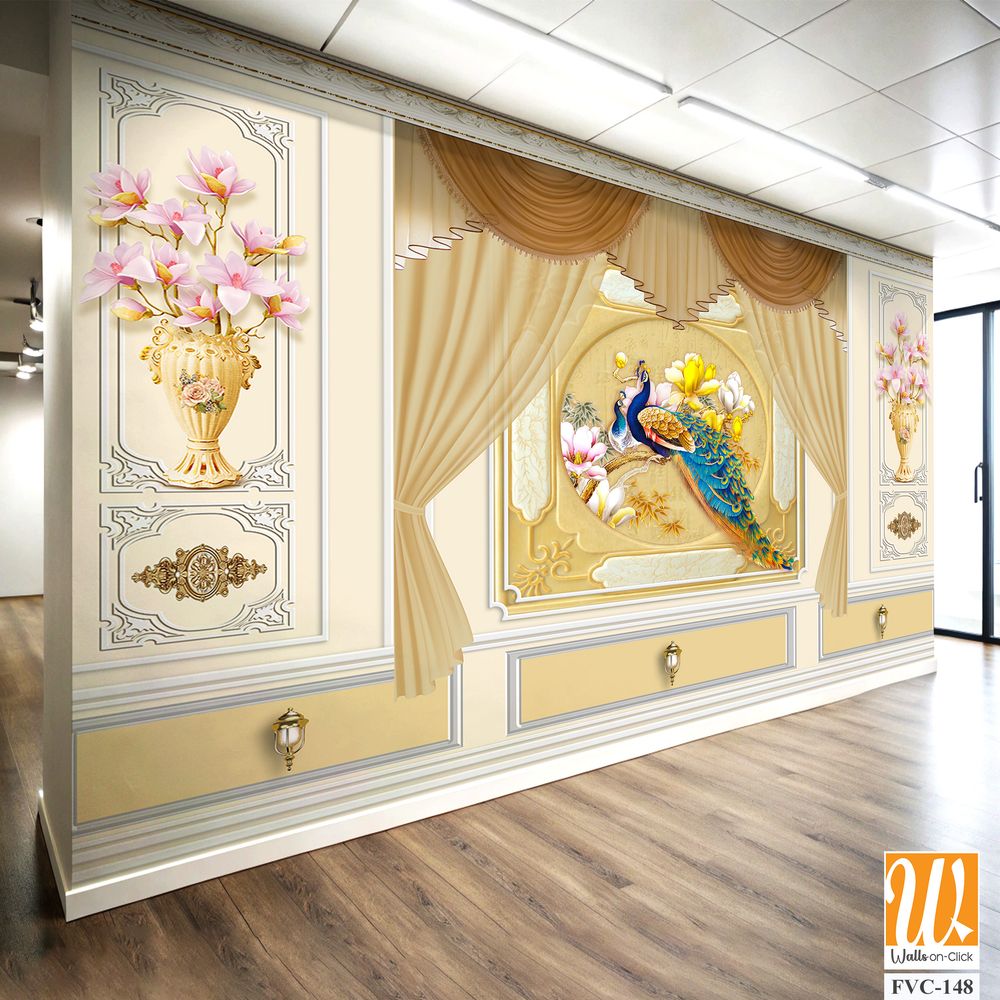 Luxurious golden peacock and floral wall mural Wallpaper [WP-FVC-148]