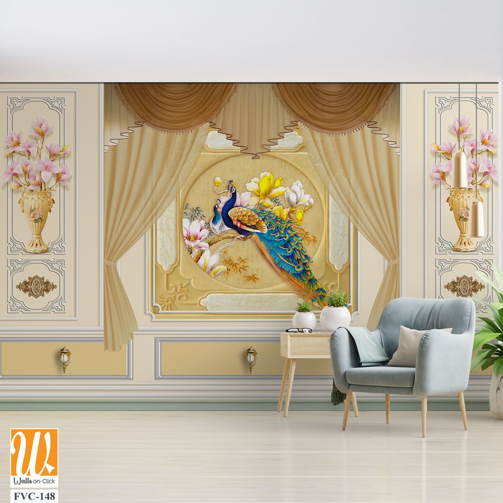 Luxurious golden peacock and floral wall mural Wallpaper [WP-FVC-148]