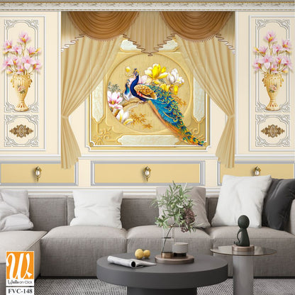 Luxurious golden peacock and floral wall mural Wallpaper [WP-FVC-148]