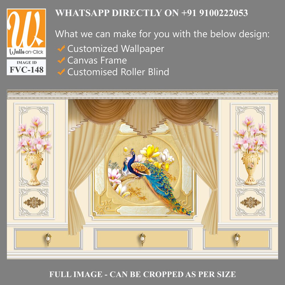 Luxurious golden peacock and floral wall mural Wallpaper [WP-FVC-148]