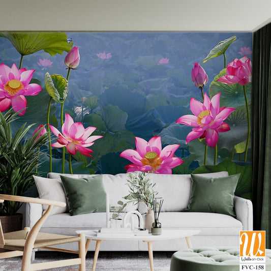 Beautiful lotus flowers and leaves in the pond Wallpaper [WP-FVC-158]