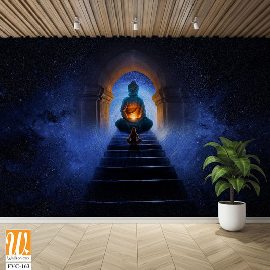 Buddha meditating on top of glowing blue steps Wallpaper [WP-FVC-163]