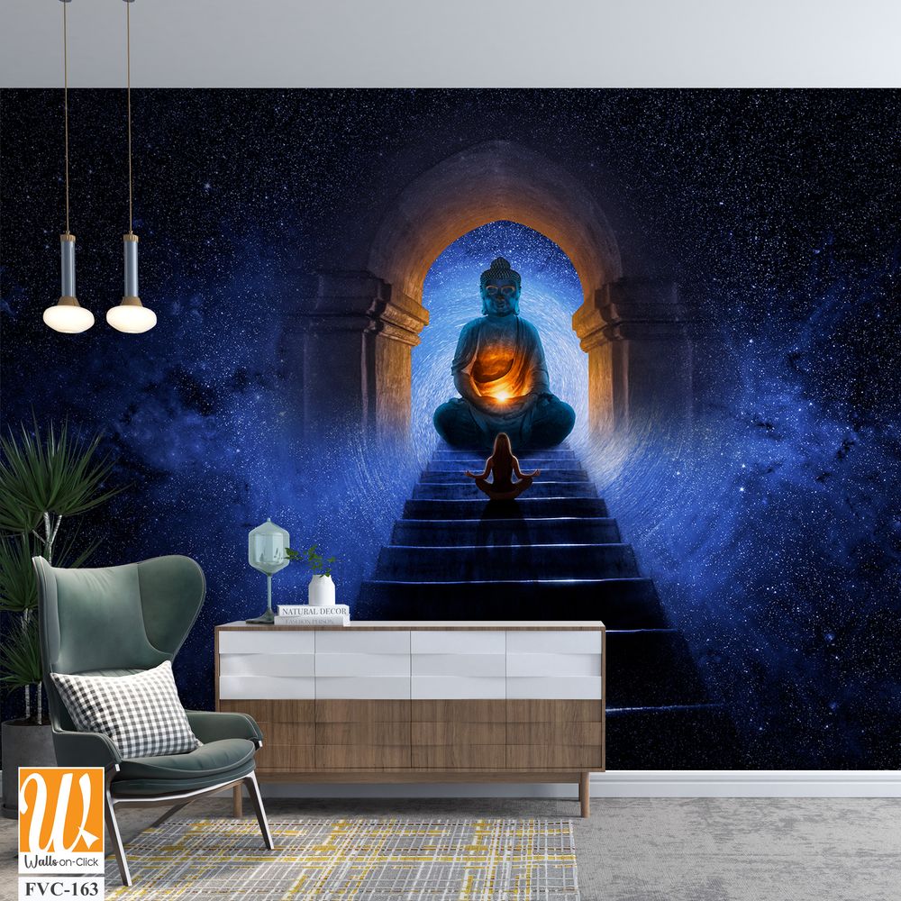 Buddha meditating on top of glowing blue steps Wallpaper [WP-FVC-163]