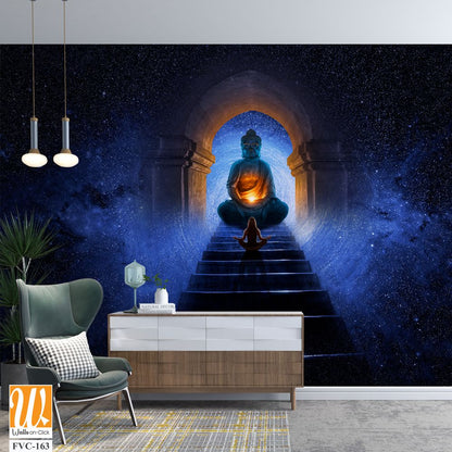 Buddha meditating on top of glowing blue steps Wallpaper [WP-FVC-163]