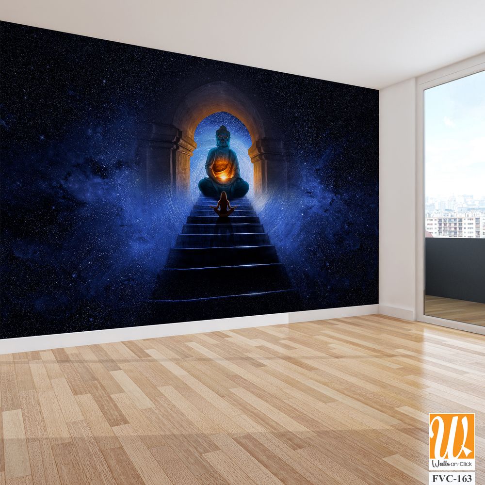 Buddha meditating on top of glowing blue steps Wallpaper [WP-FVC-163]