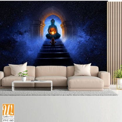 Buddha meditating on top of glowing blue steps Wallpaper [WP-FVC-163]