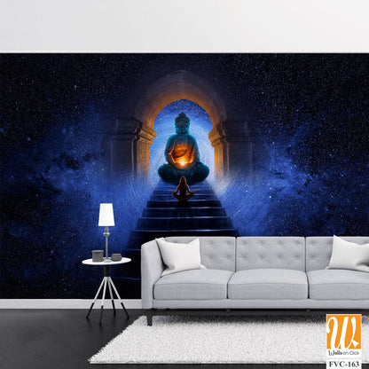 Buddha meditating on top of glowing blue steps Wallpaper [WP-FVC-163]