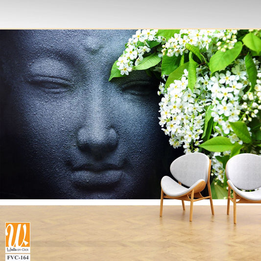 Black stone face of Buddha, adorned with flowers Wallpaper [WP-FVC-164]