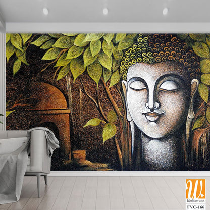 Buddha with leaves and trees in the background Wallpaper [WP-FVC-166]