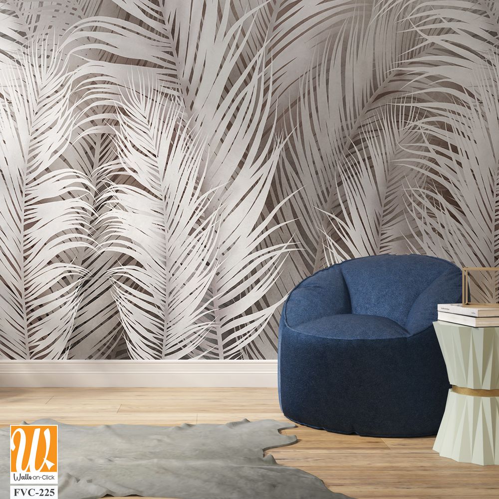 Abstract palm leaves in white and gray tones Wallpaper [WP-FVC-225]