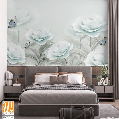 3D wallpaper with white roses and butterflies [WP-FVC-236]