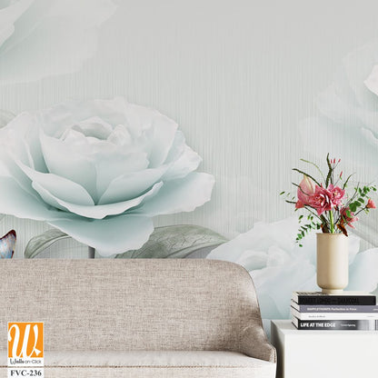 3D wallpaper with white roses and butterflies [WP-FVC-236]