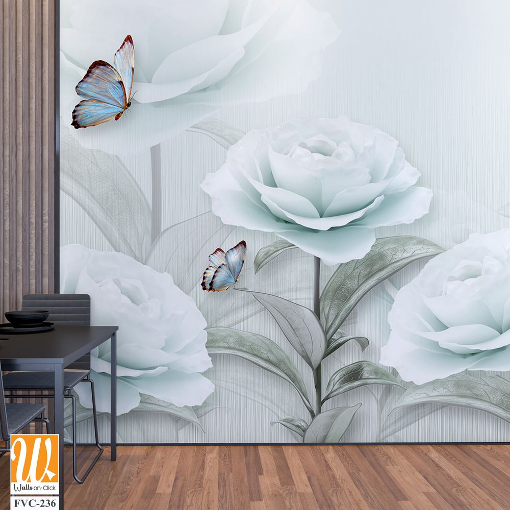 3D wallpaper with white roses and butterflies [WP-FVC-236]