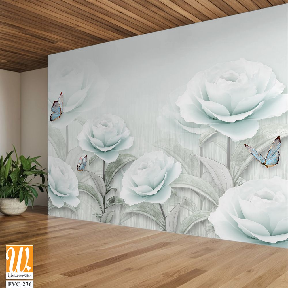 3D wallpaper with white roses and butterflies [WP-FVC-236]