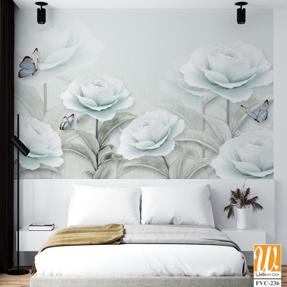 3D wallpaper with white roses and butterflies [WP-FVC-236]