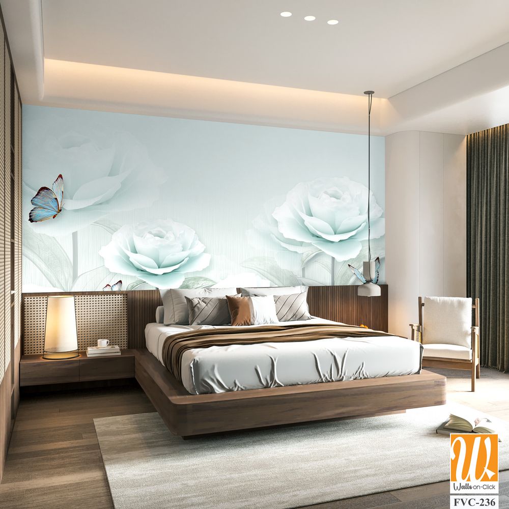 3D wallpaper with white roses and butterflies [WP-FVC-236]