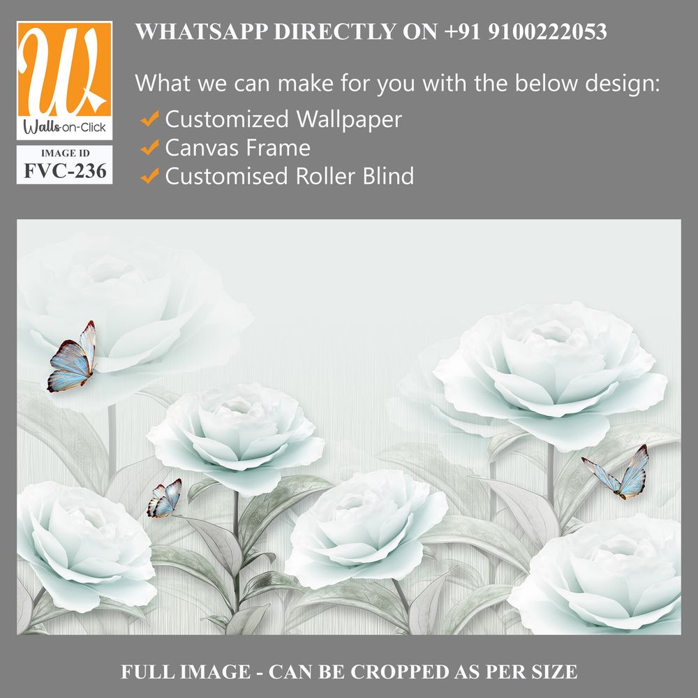 3D wallpaper with white roses and butterflies [WP-FVC-236]