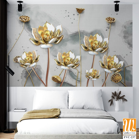 3D luxury gold lotus flowers on a watercolor background [WP-FVC-237]