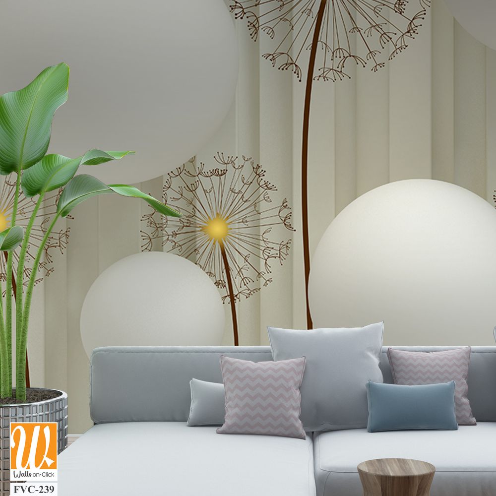 3D wallpaper with white spheres, dandelions [WP-FVC-239]