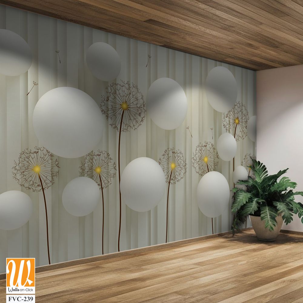 3D wallpaper with white spheres, dandelions [WP-FVC-239]