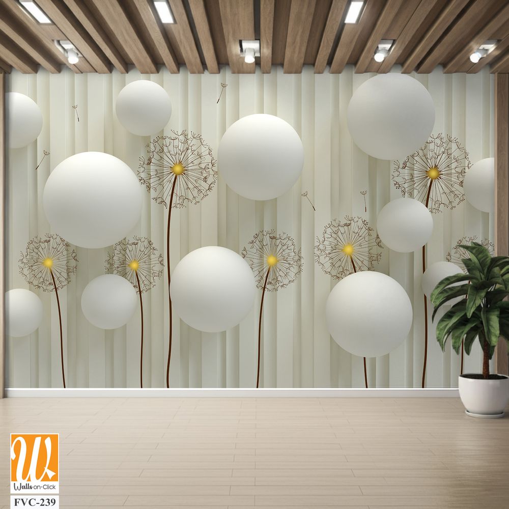 3D wallpaper with white spheres, dandelions [WP-FVC-239]