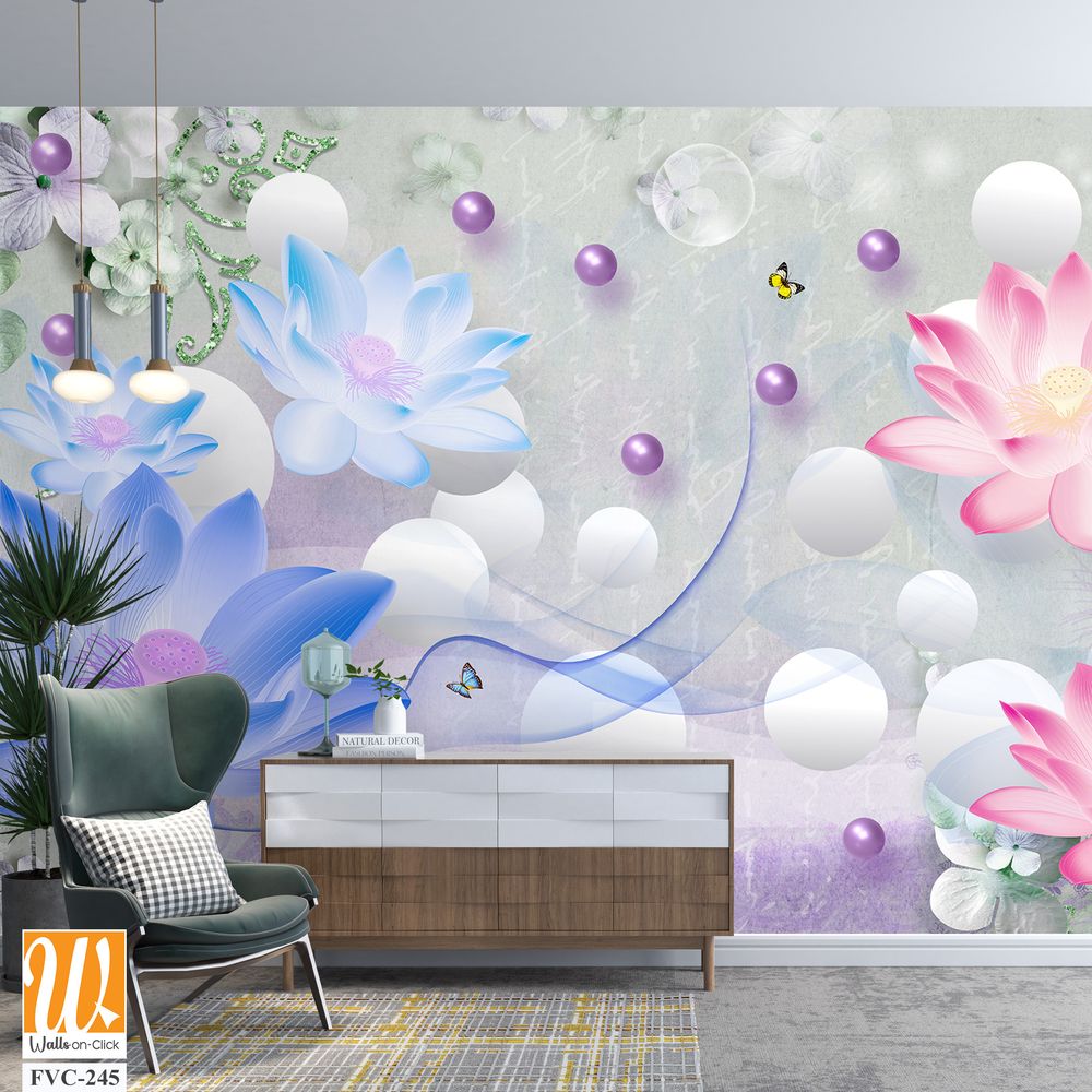 3D floral lotus, bubbles, and butterflies [WP-FVC-245]