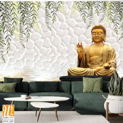 Buddha statue and green willow leaves Wallpaper [WP-FVC-247]