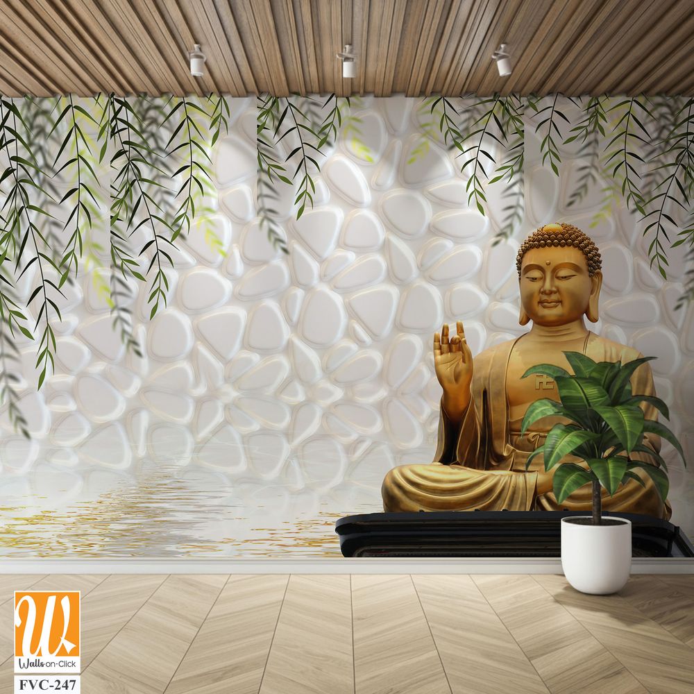 Buddha statue and green willow leaves Wallpaper [WP-FVC-247]