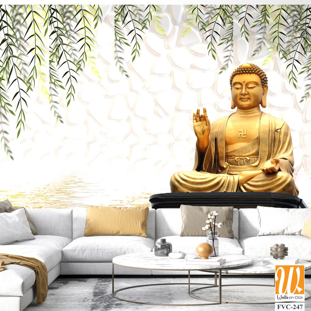 Buddha statue and green willow leaves Wallpaper [WP-FVC-247]