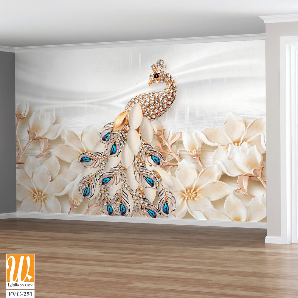 White peacock with blue and golden diamonds Wallpaper [WP-FVC-251]