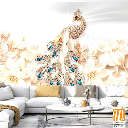 White peacock with blue and golden diamonds Wallpaper [WP-FVC-251]