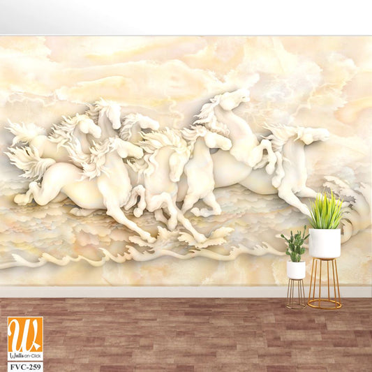 3D marble relief of horses running in the sea [WP-FVC-259]