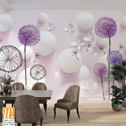 3D dandelions and white pearls on a pink background Wallpaper [WP-FVC-264]