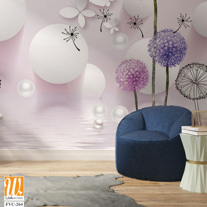 3D dandelions and white pearls on a pink background Wallpaper [WP-FVC-264]