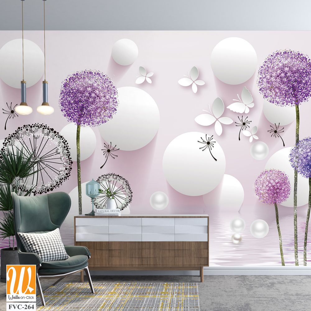 3D dandelions and white pearls on a pink background Wallpaper [WP-FVC-264]