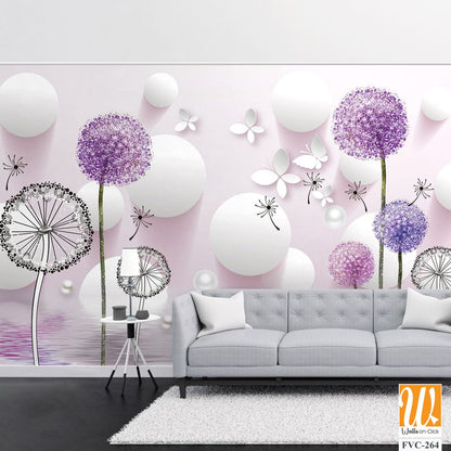 3D dandelions and white pearls on a pink background Wallpaper [WP-FVC-264]