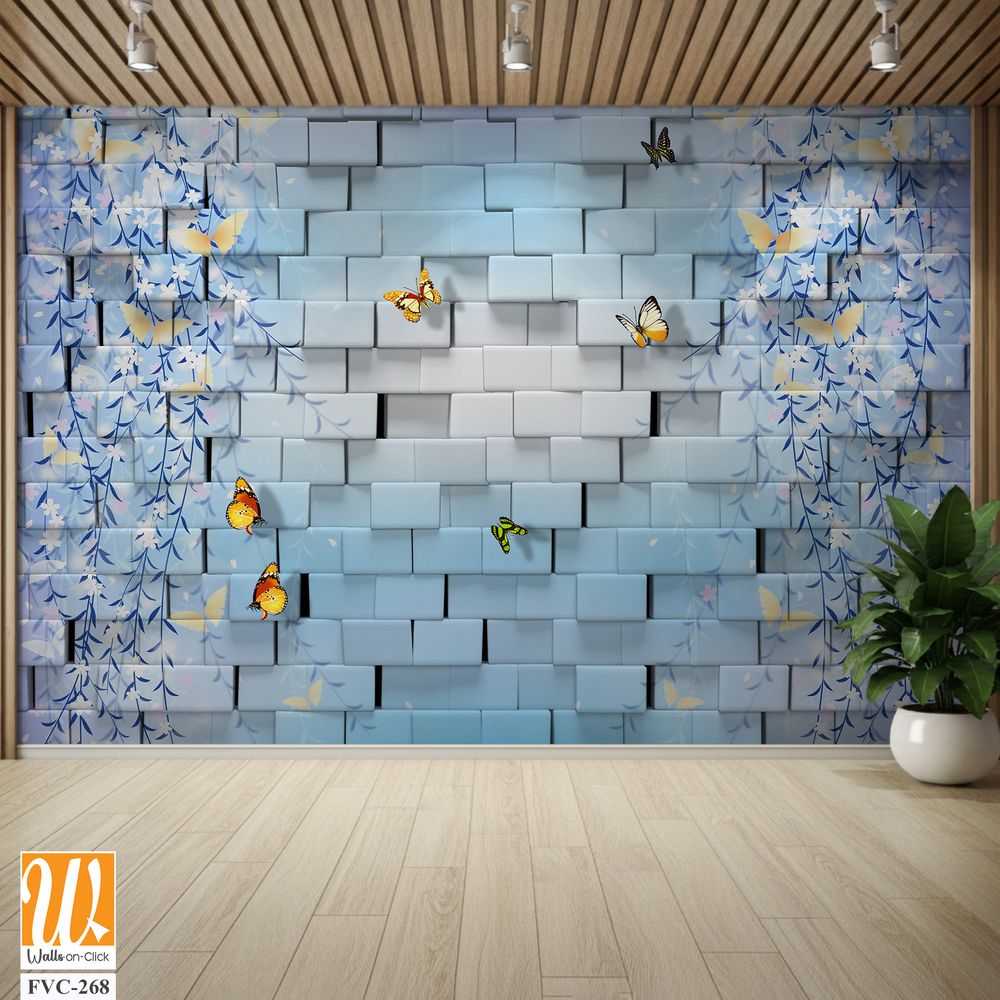 3D block wall with butterflies and flowers Wallpaper [WP-FVC-268]